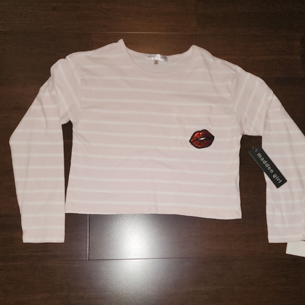 Madden Girl Pink Long Sleeve Tee Juniors Medium M Sequin Bling Kiss Lips